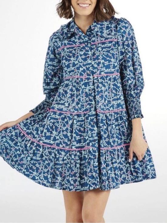 Simply Southern Dresses & Skirts - NWT Simply Southern Navy Blue Floral Tiered Button-Up Mini Dress with Pink Trim